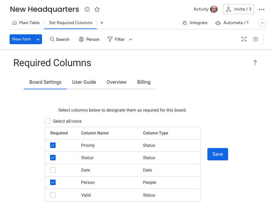 Set Required Columns Board View